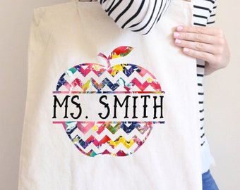 Floral Teacher Tote Bag Gift For Teacher Apple Tote bag teacher personalized tote bag Floral Tote Bag White Tote bag