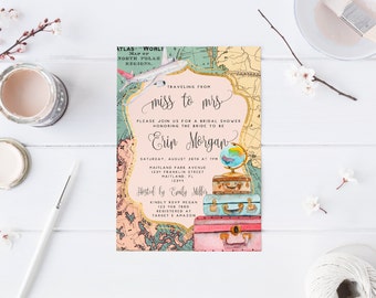 Traveling from Miss to Mrs Bridal Shower Invitation Travel Invitation Bachelorette Party Invitation Luggage Travel Map Invitation