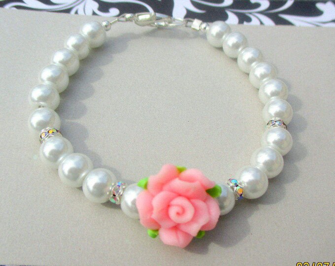 Flower Girl bracelet-clay rose bracelet-little girls pearl bracelet-childrens pearl jewelry set-girls pearls-kids wedding jewelry-sterling