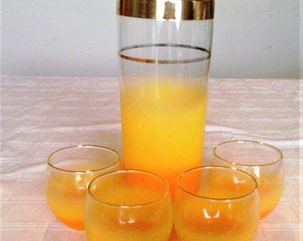 Vintage Blendo Orange to Yellow to Clear Martini Shaker and Five Rolly Polly Glasses