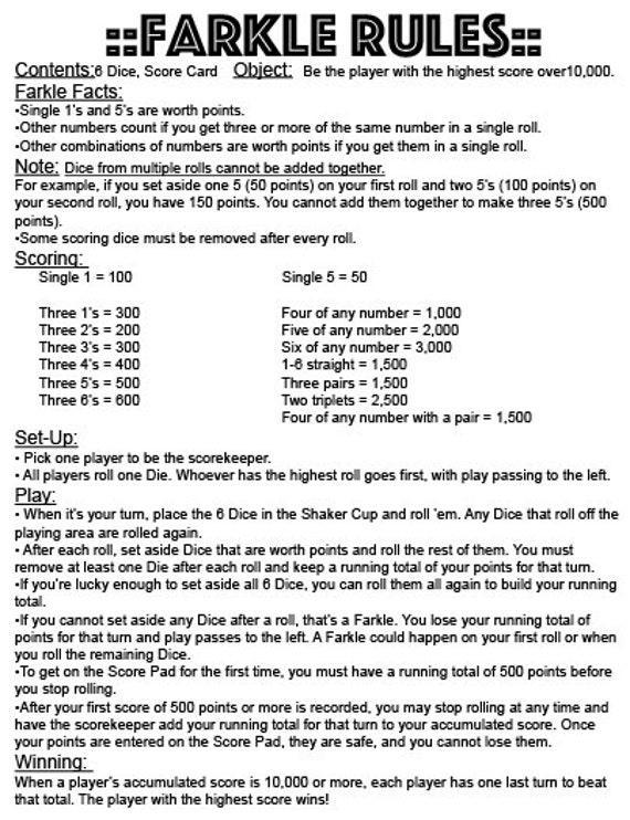 printable rules of farkle