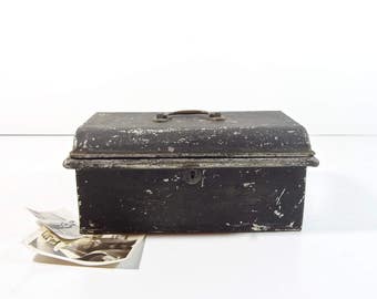 Vintage Black Metal Lock Box / Industrial Storage