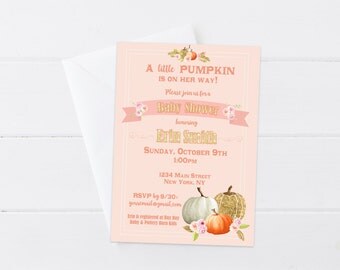 Little Pumpkin Baby Shower Invitation, Fall Pumpkin Baby Shower Invite, Peach Pink Floral Pumpkin Invite, 4x6 5x7- Printable Digital File