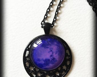 Purple Moon Necklace, Celestial Jewelry, Gothic Witch Wicca Pagan Pendant, Glass Cameo, Alternative Jewelry, Gothic Jewelry Gift For Her