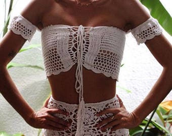 Crochet lace up off shoulder top crop top gypsy hippie grunge boho lace top blouse bustier bikini crochet bikini
