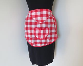 Vintage Red and White Half Apron - Heart Shaped Pocket Midcentury Hostess Apron
