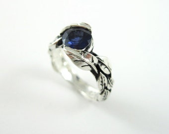 Leaf Ring With Center Iolite Violet Blue Purplish Gemstone In Silver, Leaves Ring, Friendship New Silver Forest Ring, Natural Floral Ring