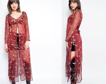 Vintage 90's Sheer Mesh Maxi Blouse / Burgundy Long Sleeve See Thruogh Top / Floral Print Sheer Button Blouse - Size Medium