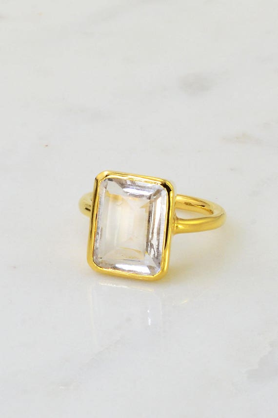 Colorless Ring Crystal Clear Stone Ring 14k Gold Plated Quartz