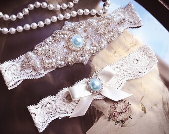 Wedding Garter Set Blue, Blue Garter Set, White Lace Wedding Garter, Something Blue, Crystal Garter, Rhinestone Garter,