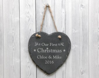 Our First Christmas Personalised Couples Name Slate Sign - Christmas Decoration - Any Engraved Message