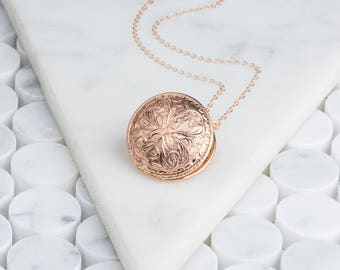 Rose Gold Locket Art Nouveau Necklace, Round Rose Locket Long Necklace, Mom Gift Rose Gold Floral Locket Necklace Round, Gold Filled Jewelry