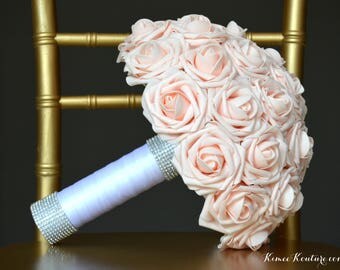 PINK BLUSH Bridal Bouquet with Two Real RHINESTONE Sparkly Cuffs. Blush Bouquet. Pink Blush Wedding Bouquet. Custom Made To Order.
