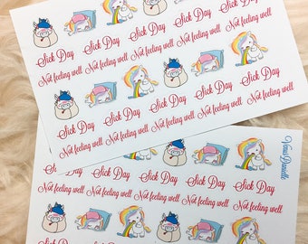 32 Lovie Sick Day Planner Stickers, Sick Stickers, Unicorn stickers, Day off stickers, Functional Stickers, ECLP, Planner Stickers, Sick Day