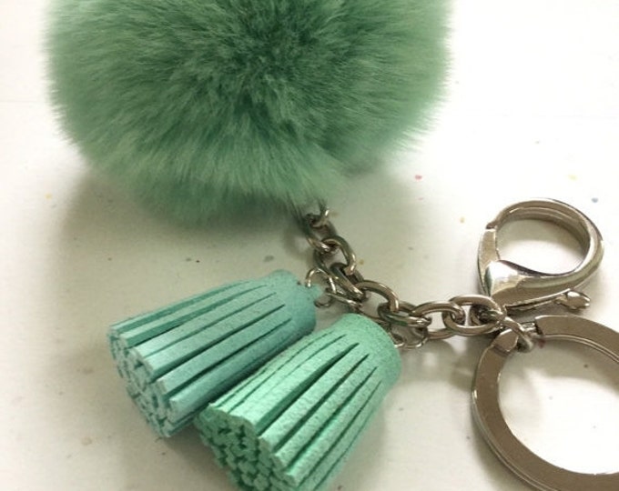 Fur pom pom keychain candy green REX Rabbit bag charm ball with two gradient color leather tassels