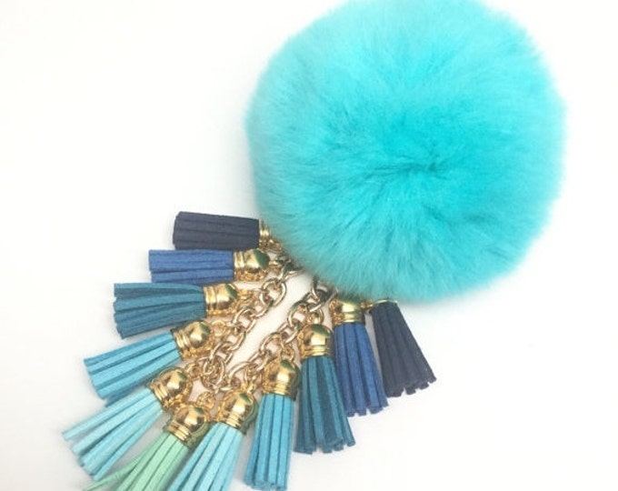 Fur Pom Pom "Aqua Blue Fringe" charm ball pompon bag charm tassel keychain with tassel elements charms