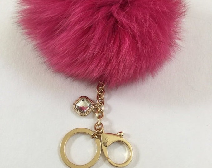 Dusty Pink Fox Fur Pom Pom keychain ball luxury bag pendant with clear crystal charm