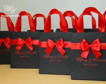 Elegant Wedding Welcome Bags with Red satin ribbon, bow and names - Custom Personalized Thank you Gift Bags for wedding favors for guests