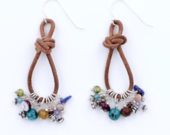 Felicity Leather Hoop Gemstone Dangle Earrings 925 Sterling Silver