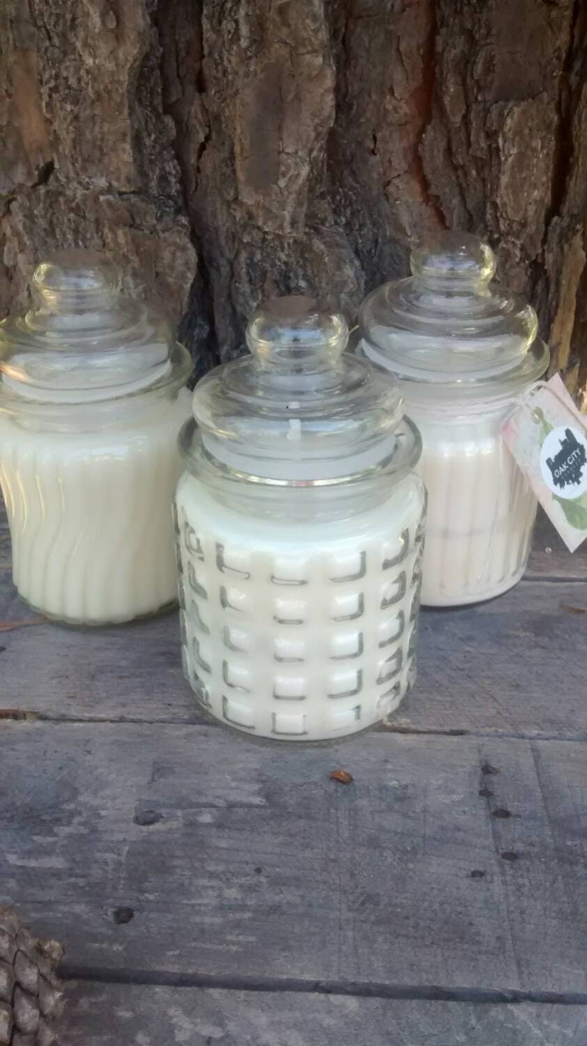 Apothecary soy candles w/ glass lids. All natural handmade
