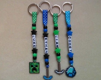 Personalised Keyring bag tag Bagtag MInecraft Creeper Diamond Pick