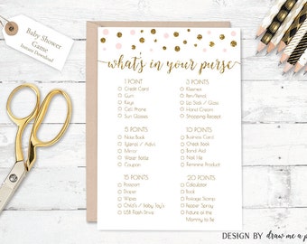 Pink and Gold Whats In Your Purse Baby Shower Game , Pink and Gold Confetti Baby Shower Game , Your Purse Game , Printable Instant Download