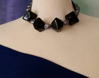 The "Mrs. Magnolia" Statement Necklace designed with Vintage Acrylic Black Beads,Vtg Silvertone Basket weave beads & silvertone findings