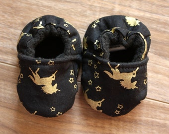 Unicorn Baby Booties, Gold and Black Baby Shoes, Fantasy Baby Shoes, Baby Girl Shoes, Fabric Baby Shoes, Crib Shoes, Cloth Baby Shoes