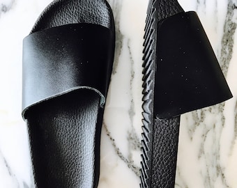 Black platform sliders, black pool slides, flat leather slipper sandals,rubber slipers