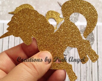 Set of 12 Glitter Unicorn Cutouts, Gold Unicorn Die Cuts, Pink Unicorn Dies, Unicorn Cut Outs, DIY Unicorn Place Cards or Party Ideas