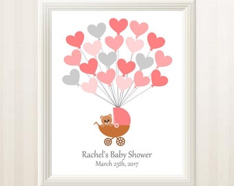Baby Shower Guest Book Alternative with Baby Carriage and Heart Balloons - Teddy Bear Guest Book with Stroller - Printable, Custom, Digital