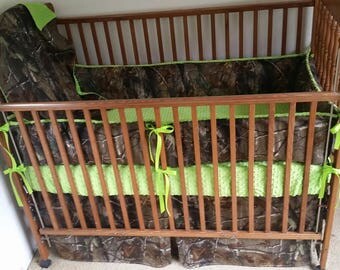 Camouflage, (camo) and lime green baby bedding