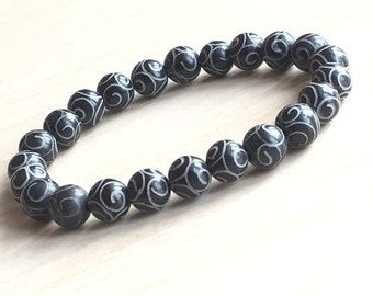 Stone Carved Jade,Black Jade Beads,Mens Bracelet 8mm,Jade Engraving Gray,Trendy Gypsy Jewelry,Mens Gift Minimalist,Natural Gems Jade Unique