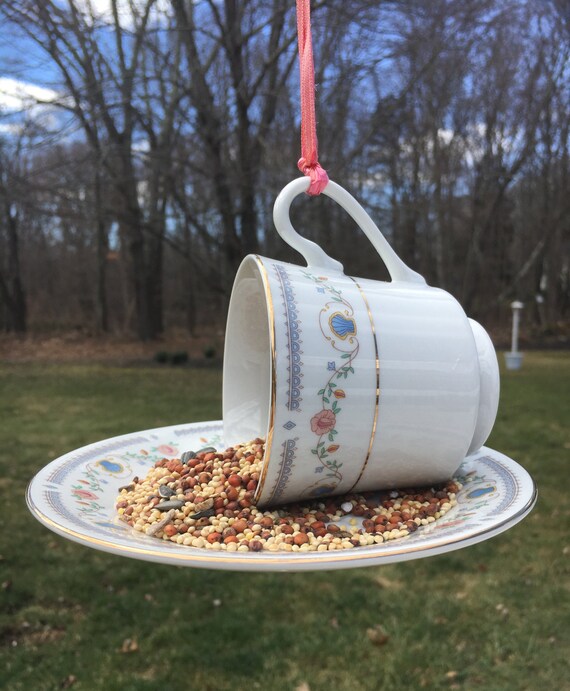 Teacup bird feeder China bird feeder by BsCozyCottageCrafts