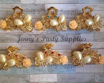 Set of 2 Butterfly Hair Claws, Golden Bridal Hair Claws, Wedding Hair Accessory, Pear and Rhinestone Hair Clips