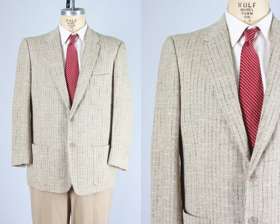 Vintage 1950s Men's Sport Coat Beige Wool Tweed Jacket