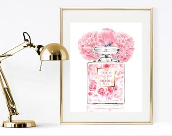 Chanel watercolor perfume print, printable chanel print, pink chanel print with pink flowers, chanel wall art , fashion illustration print