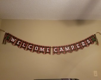 Buffalo plaid Banner, Camping birthday banner, welcome campers banner