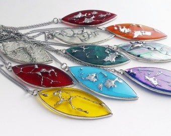 Stained glass necklaces-collection splashs of tin-tiffany-glass-leaf-resin-recycled materials