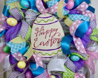 Happy Easter Metallic Mesh Wreath with Glitter Eggs; Pink Turquoise Purple Yellow Easter Door Decor; Pastel Spring Easter Egg Door Decor