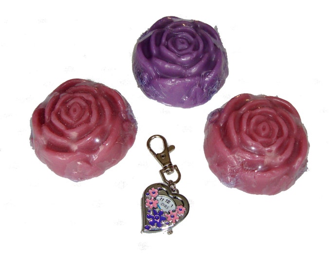 Exclusive purple gift, Luxury Soaps Gift, Fashion Heart Pocket Watch Key Ring, Spring Shopping, Flower Glycerin Soaps, Gift for young lady