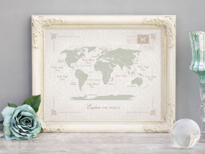 DIY Vintage Damask Travel World Map Print (Sage) - Heart Stickers Included! Gift for Travelers. Creative World Map Print.