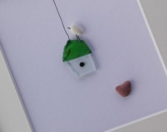 Pebble art birds, Birds cage, home decor, unique gift, birds art, sea glass art, sea glass picture