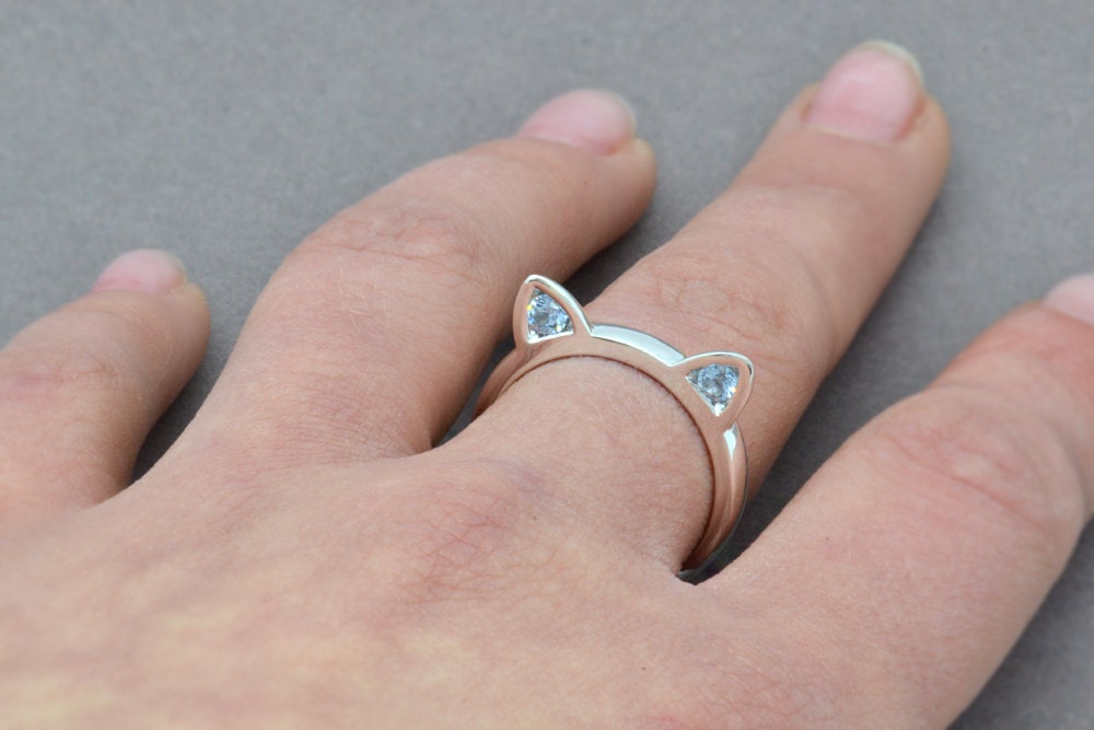 Sterling Silver Cat Ring, Cat Ear Ring, Cat Lover Ring, Cat Jewellery, Animal Lover Gift, Cat with Ears, Kitty Ring, Birthstone Ring