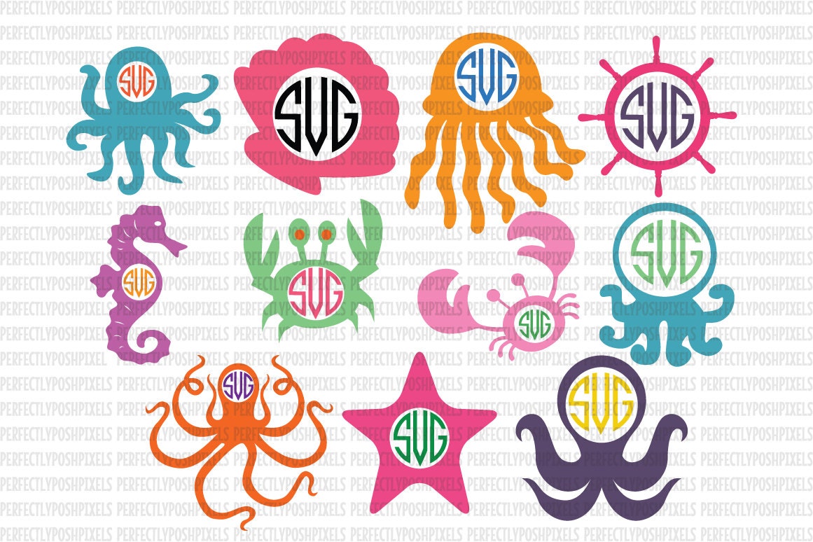 Download Sea Life Summer Monogram frame SVG File dxf eps Silhouette