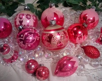 Vintage Coral Mercury Glass Christmas Ornaments – Set of 13 with a Mix of Sizes and Shapes
