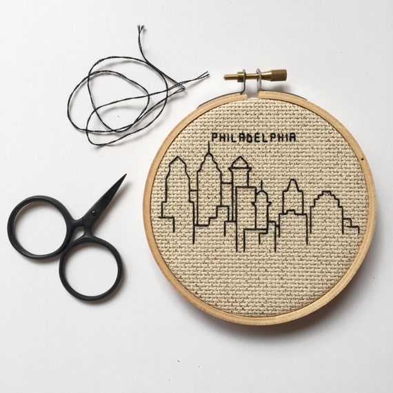 Philadelphia Skyline Cross Stitch Hoop Art Gifts for Him