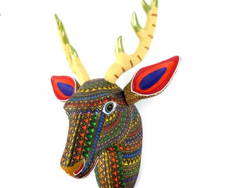 DEER HEAD Wall Mount Oaxacan Alebrije Wood Carving Handcrafted Mexican Folk Art Animal Sculpture Painting