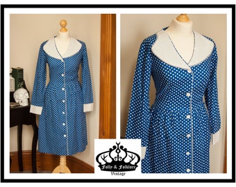 SUMMER SALE! - 70s JC Penney Blue and White Polka dot Midi Day Dress, Size M