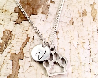 Paw Print necklace, Wild Cats charm, Initial necklace, NU Wildcats, Clemson, Dog Mom, Mascot jewelry, College jewelry, Cut out paw charm